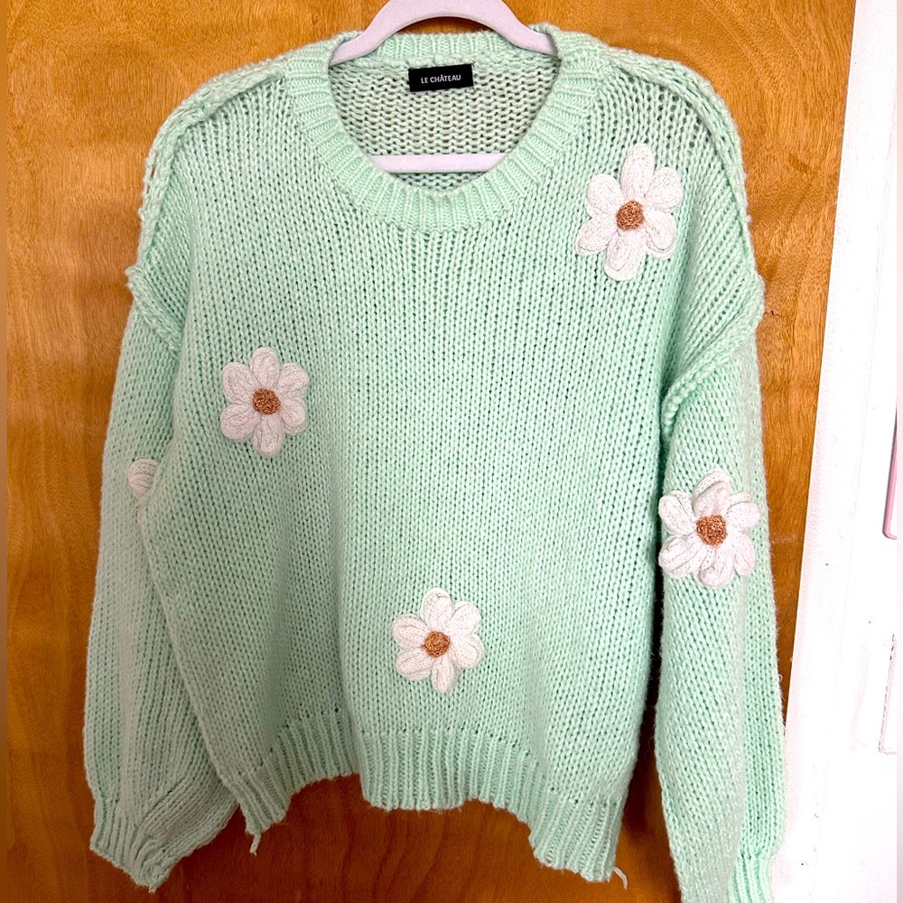Pastel Green Floral Knit Sweater